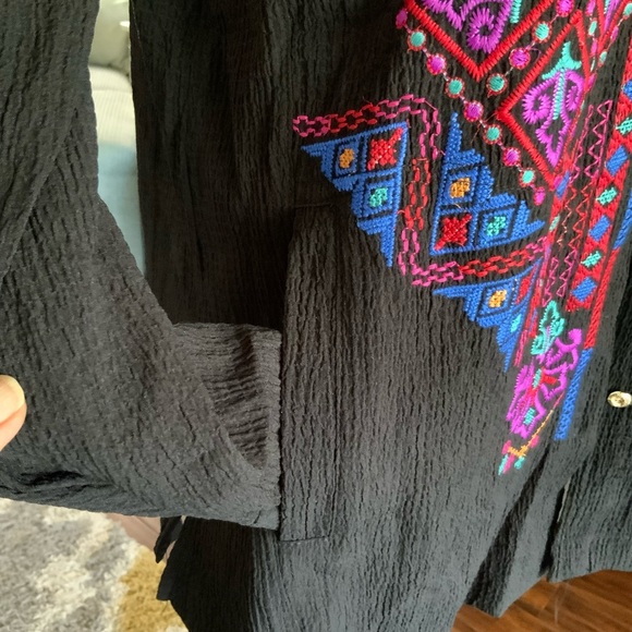Calessa Black Multicolor Bohemian long sleeve embroidered button down shirt S - Picture 10 of 16